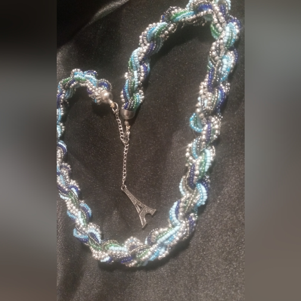 Layered & Twisted chunky seed bead necklace 20 +2 inches long blue, grey,teal